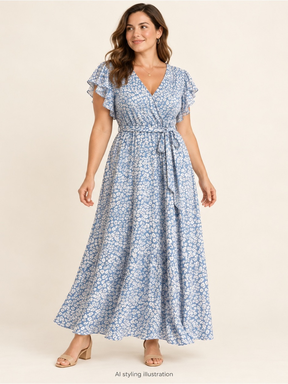 Blue Floral Wrap Maxi Dress with Tie Waist